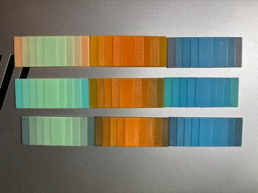 Test layer thicknesses and color shades