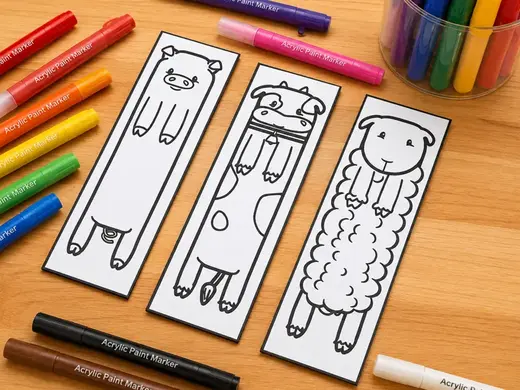 marque pages cochon, vache, mouton à colorier