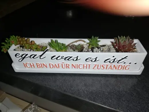 Pflanzenbehälter mit Spruch und Wasserschale