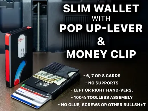 Slim wallet with pop up-lever & money clip