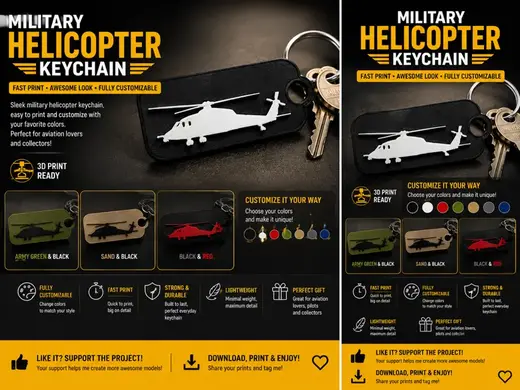 Military Helicopter Keychain – Side View 3D Print