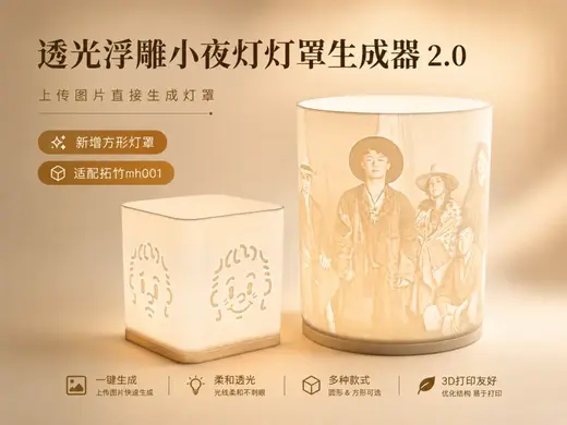 透光浮雕小夜灯灯罩生成器 2.0|新增方形灯罩|适配拓竹 MH001