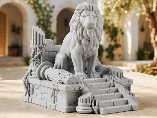 Sentinel Lion on Ancient Ruins Statue Diorama #063