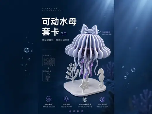 可动仿生水母套卡丨从海洋生物观察到机械传动设计的3D打印 STEM 实践丨小学生科学作业暑假作业