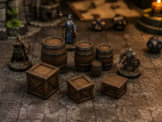 Set di barili e casse fantasy scenografie per D&D
