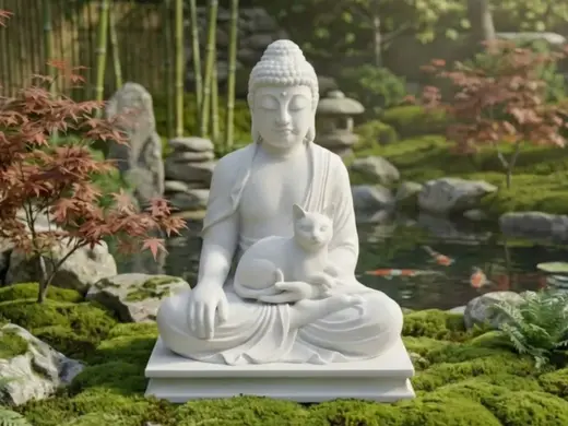 Zen Buddha with Cat - Meditating Statue Decor
