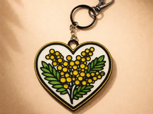heart keychain featuring the iconic mimosa flower
