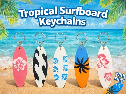 Tropical Surfboard Keychains with Fins