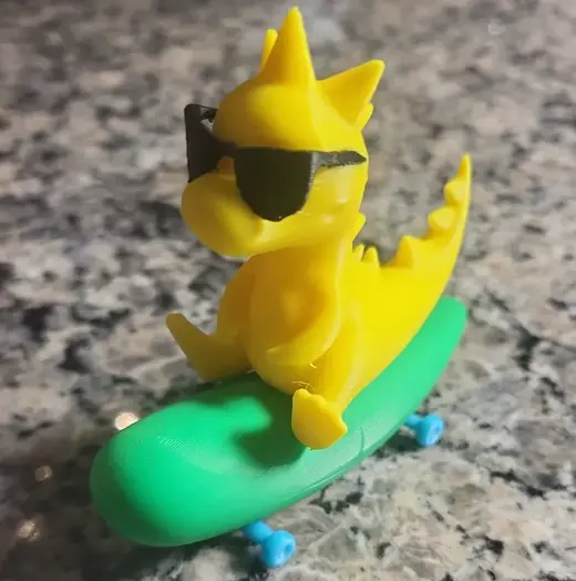 Dinosaur riding a pickle skateboard in sunglasses