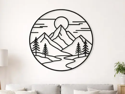 2D Wall Art, Mountains River and Sun