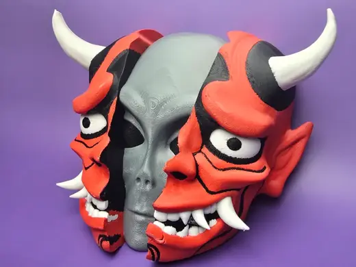 Grey Alien in Broken Oni Mask Wall Art