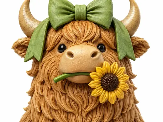 highland cow with sunflower