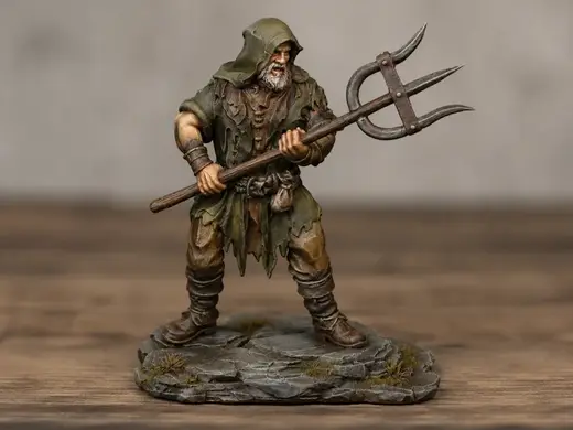 DnD Peasant NPC w Pitchfork on Rock Terrain