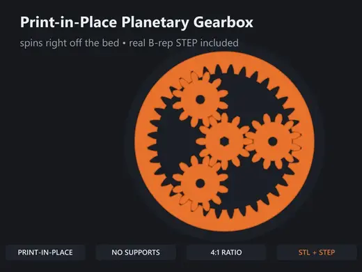 Print-in-Place Planetary Gearbox 4:1 | STL + STEP