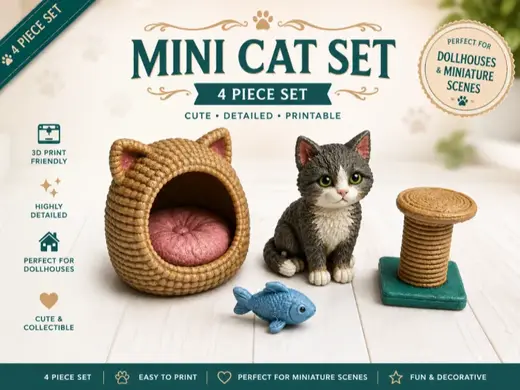 Mini Cat Pet Set – 4 Piece Dollhouse Collection
