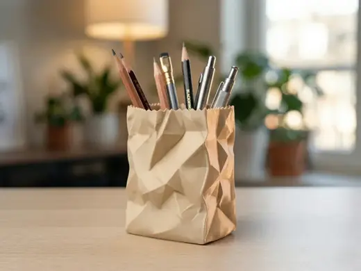 Crumpled Paper Bag Pen Holder - Desk Organizer