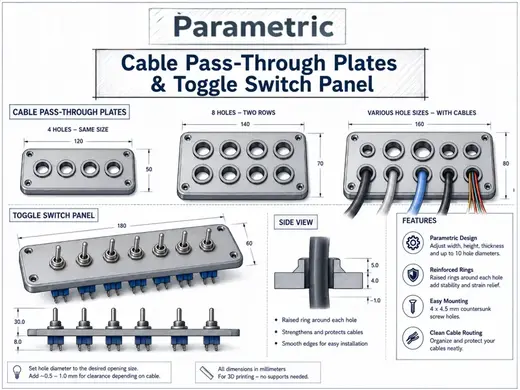Parametric cable pass through-toggle switch plates