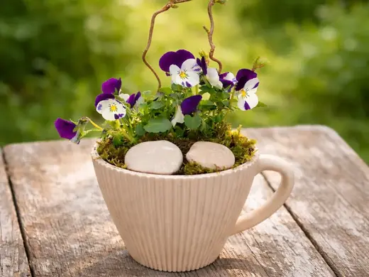 Tasse Blumentopf Rillen Dekor und kleiner Vogel