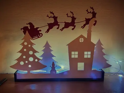 Winter Wonderland- Santa Flying over a Christmas tree and snowman