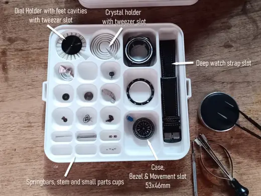 Watchmaker repair and parts tray (stackable)