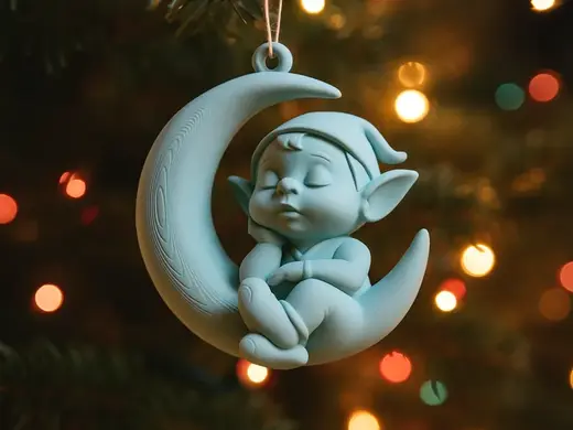 Sleeping Elf on Crescent Moon Christmas Ornament