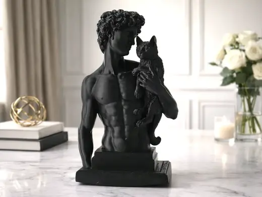 David with a Cat Sculpture – Funny Classical Bust