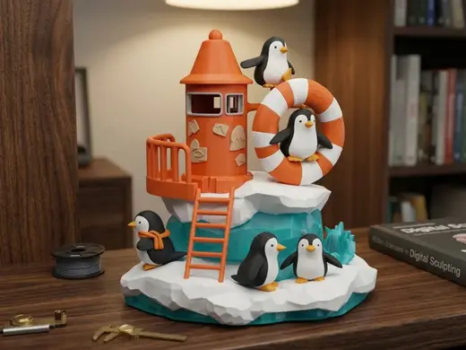 Playful Penguins Lighthouse Diorama Kids Toy Desk