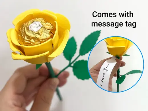 Ferrero Rocher Rose with Message Tag, Stem, Leaves
