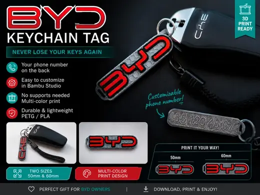 BYD Custom Keychain with Phone Number Multi-Color