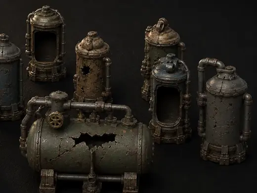 Broken vats scatter terrain and lab details