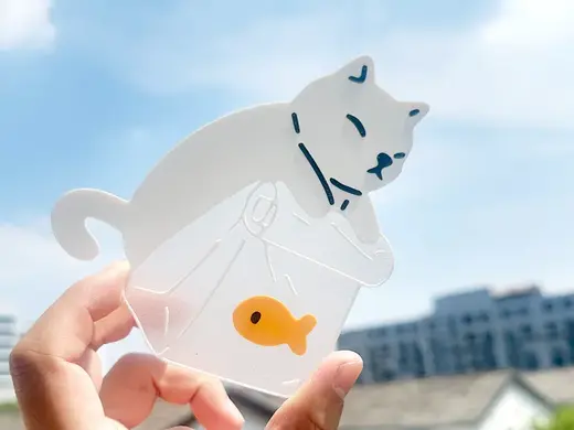 仿欧根纱书签 猫咪一袋鱼书签 紫外线变色