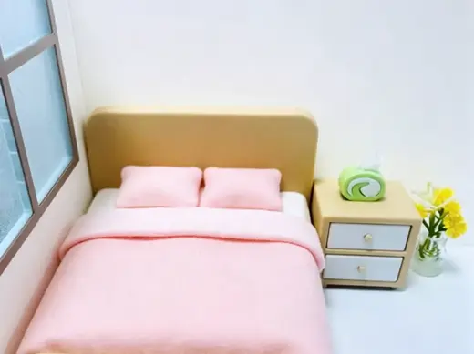 1:12 微缩 原木风 单人床 + 床头柜