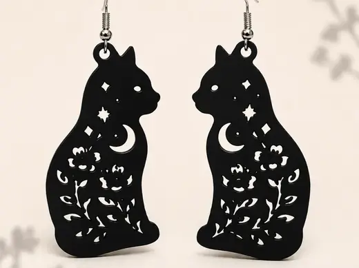 Moon & Floral Cat Earrings No Support Easy & Fast