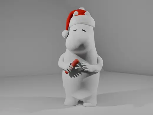 Moomintroll with a santa hat holding a knife