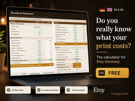 KOSTENLOSER 3D-Druck Kalkulator Etsy Excel|DE & EN