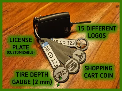 Keychain with car logo, shopping cart coin, gauge