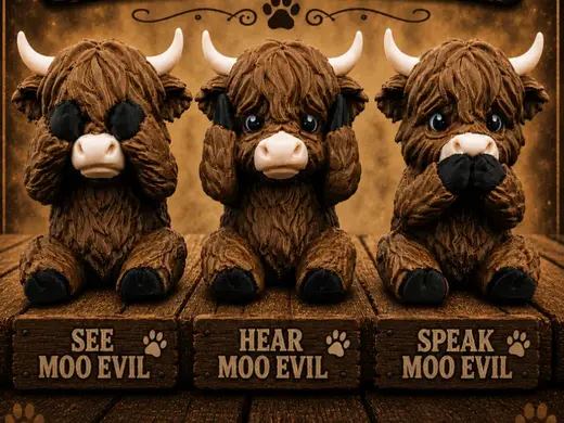 Highland Cow trio (see, hear, speak Moo evil)