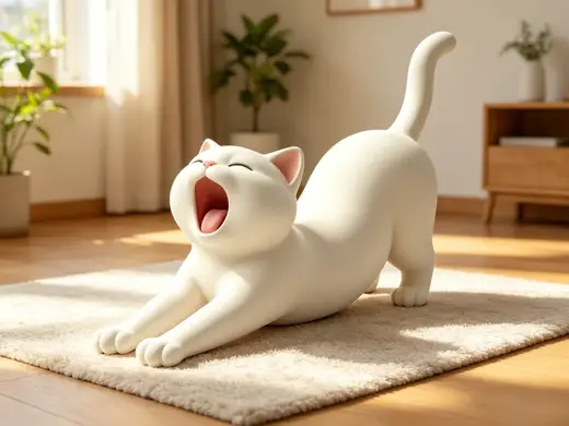 a cute kitten figurine stretching and yawning