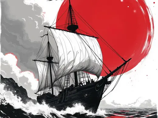 Ship in the sea with red moon