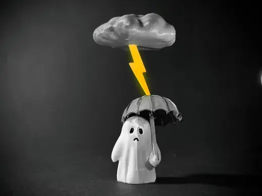 Sad ghost gets hit by a lightning bolt