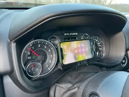 Phone Mount Instrument Cluster Dash Universal Ram Truck & other Vehicles. iPhone 14 Pro fits w/case